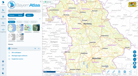 Die Startseite des BayernAtlas mit neuem Erscheinungsbild und Kategorien für die Basiskarten